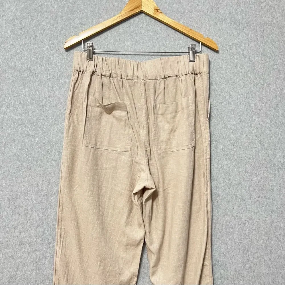 d&co Naturals Linen Blend Pull On Pants Size Small Tan Cinched Tie Ankles Beach